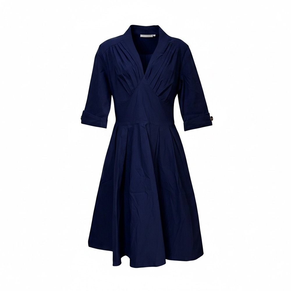 Miusol Womens Navy Blue V-Neck Pleated Fit and Flare Midi Dress Size L NEW